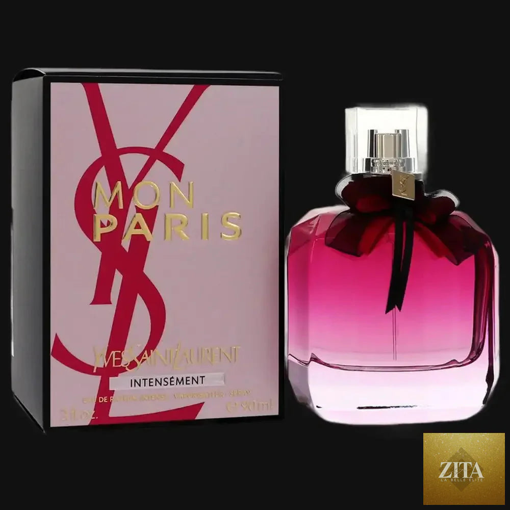 Yves Saint Laurent Mon Paris Intensement perfume for women in 3 oz eau de parfum spray, featuring a sleek bottle design.
