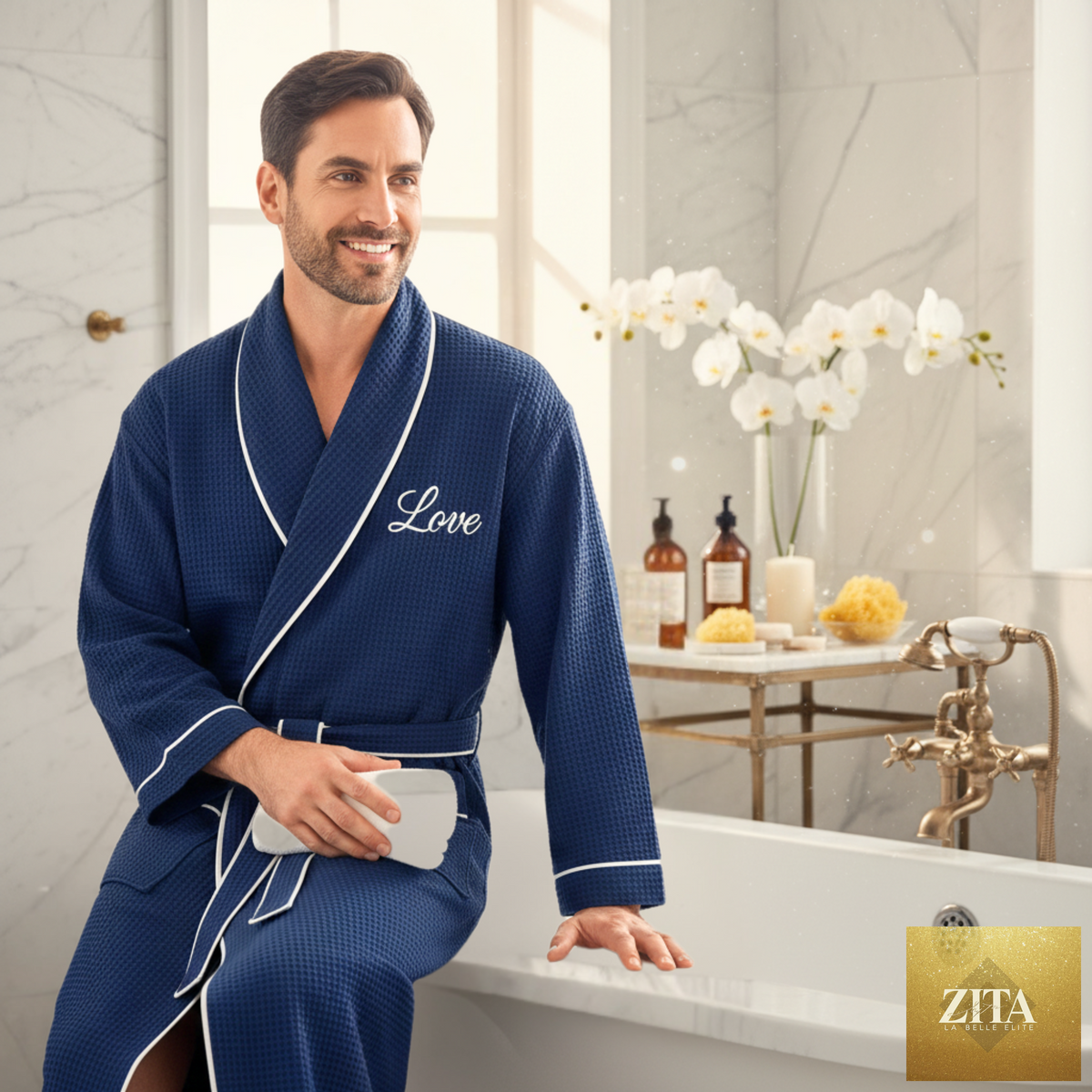 Lotus Linen premium waffle piping men's robe with monogram detail, soft and comfortable bathrobe for lounging and relaxation.