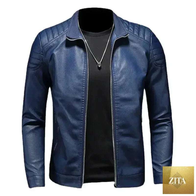 Men's black motorcycle leather jacket by MANDOTOS with silver zipper details and classic biker style.
