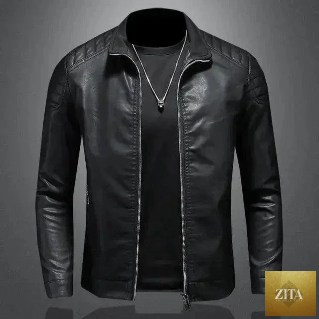 Men's black motorcycle leather jacket from MANDOTOS with zippered pockets and stylish design, perfect for riding and casual wear.