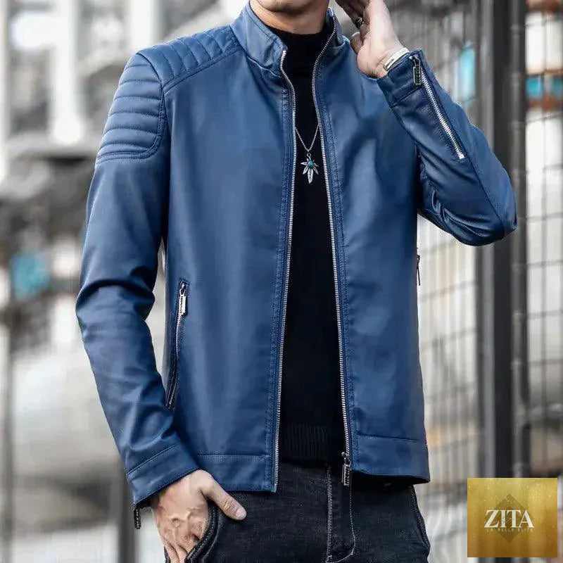 Men's black motorcycle leather jacket by MANDOTOS featuring rugged style and durable leather construction.