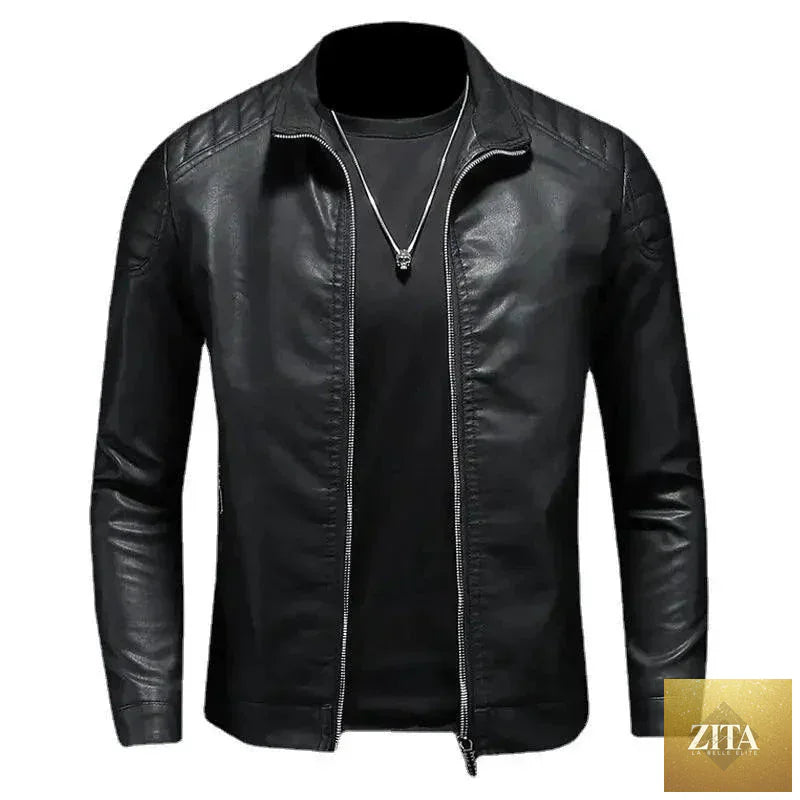 Men's black motorcycle leather jacket by MANDOTOS featuring a rugged design with zippered pockets and padded shoulders.