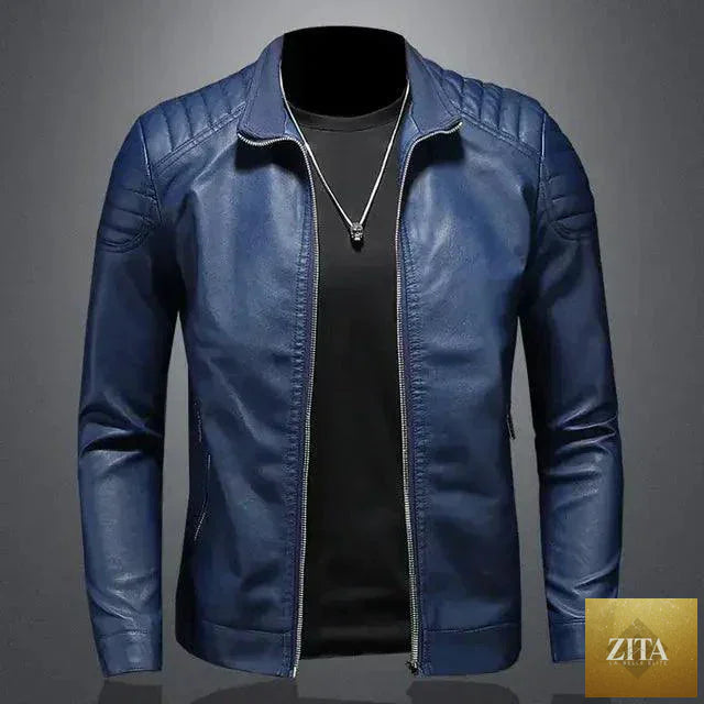 Men's black motorcycle leather jacket by MANDOTOS featuring a stylish design, front zipper, and shoulder detailing.