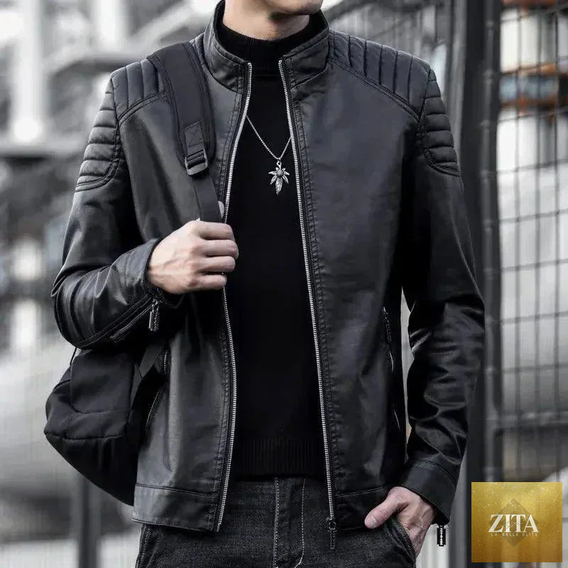 Black men's motorcycle leather jacket from MANDOTOS with silver zipper details and classic biker style.