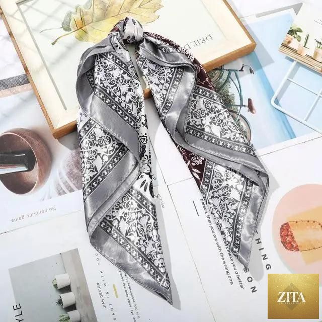 Stevvex multi-functional square silk scarf 60x60cm used as headband, hairband, or neck accessory, made of satin fabric for women.