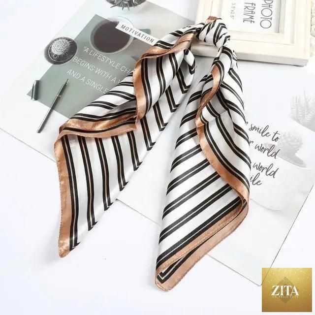 Stevvex multi-functional square silk scarf 60x60cm used as headband, hairband, or neck accessory in elegant satin fabric.