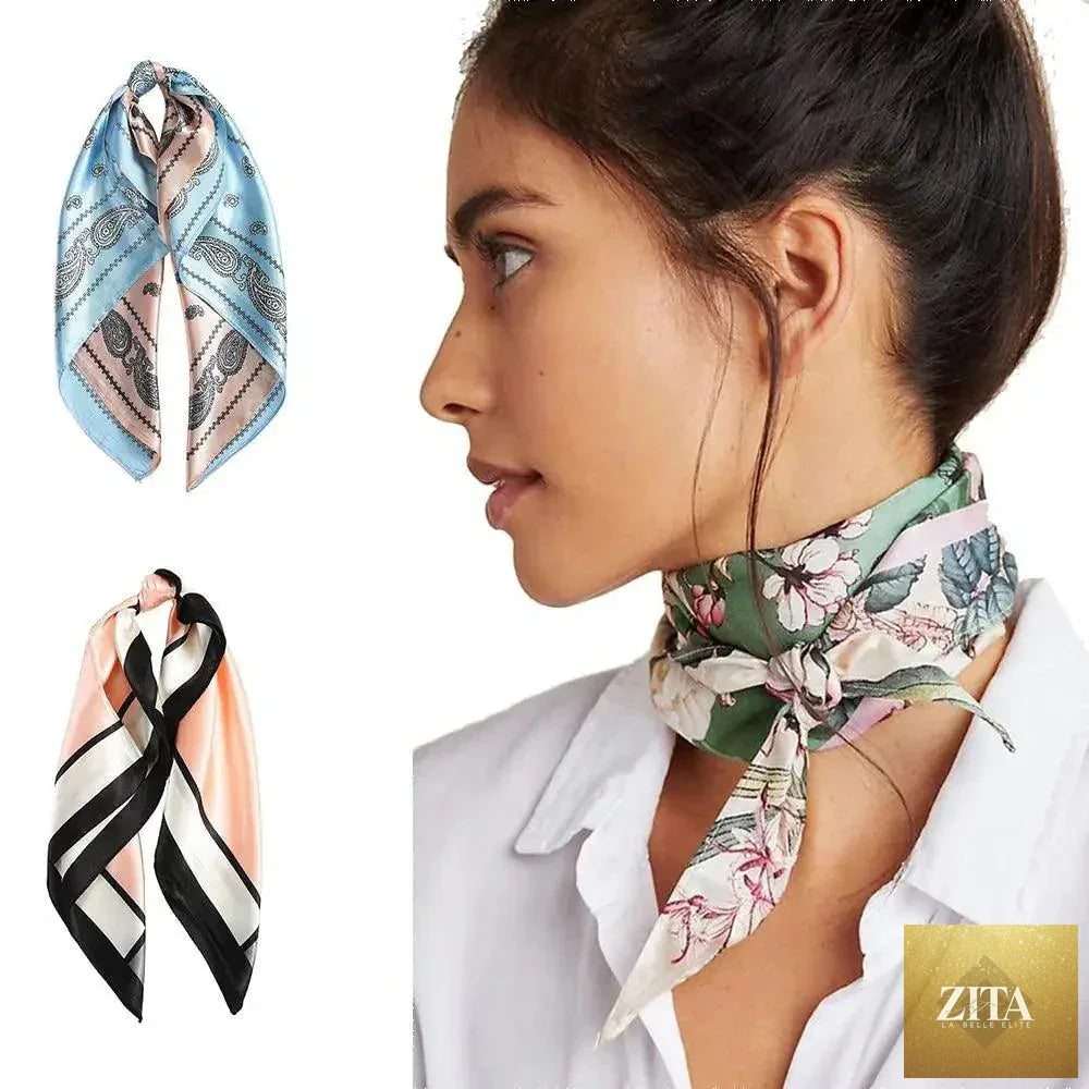 Stevvex multi-functional square silk scarf 60x60cm used as headband, hairband, or neck scarf, made of satin fabric for women and girls.