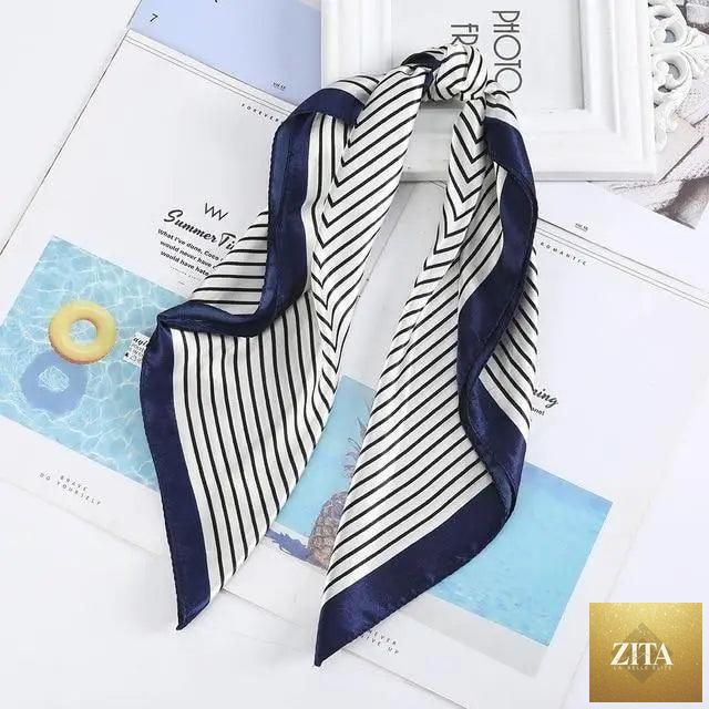 Stevvex multi-functional square silk scarf 60x60cm worn as headband, hairband, or neck accessory, made of satin fabric.