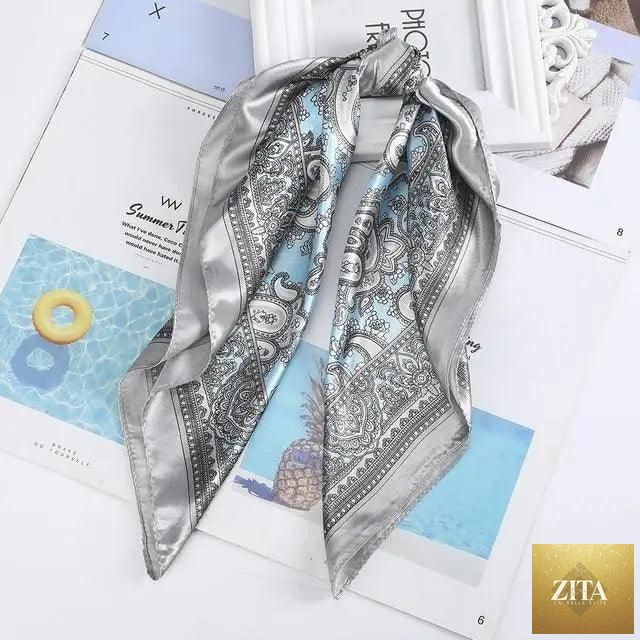 Stevvex multi-functional square silk scarf 60x60cm used as headband, hairband, or neck accessory with satin finish.