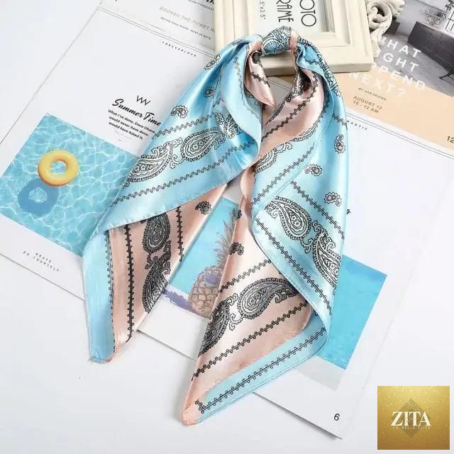 Stevvex multi-functional square silk scarf 60x60cm as headband, hairband, or neck accessory made of satin fabric.