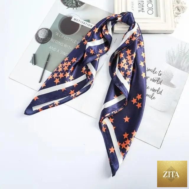 Stevvex multi-functional square silk scarf 60x60cm as headband, hairband, or neck accessory, made of smooth satin fabric.