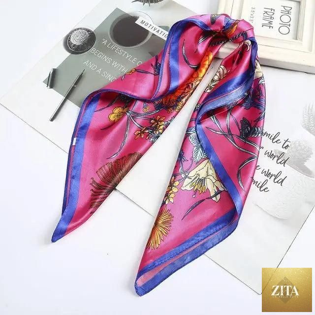 Stevvex multi-functional square silk scarf 60x60cm used as headband, hair accessory, or neck scarf with satin finish.