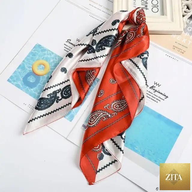 Stevvex multi-functional square silk scarf 60x60cm used as headband, hairband, or neck accessory in satin fabric.