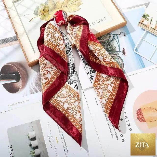 Stevvex multi-functional square silk scarf 60x60cm used as headband, hairband, or neck accessory featuring satin fabric.