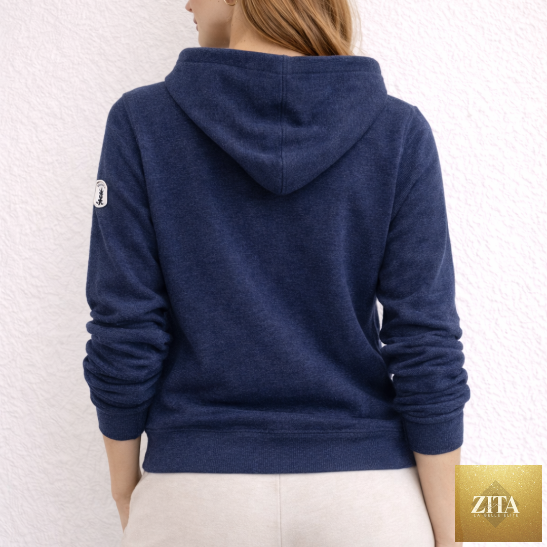 Women's Heather Navy Half Moon Hoodie from Kinetix, casual luxury hoodie with a stylish half moon design in navy color.
