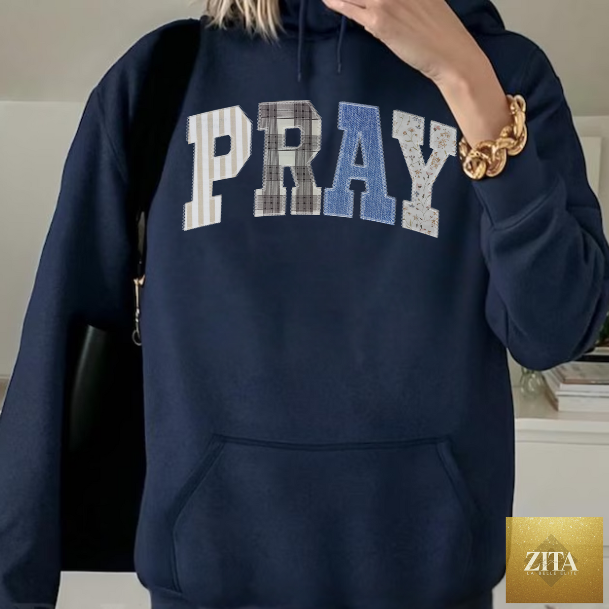 Navy PRAY patchwork hoodie by Zita La Belle Elite, faith-inspired cozy sweatshirt with patchwork design and comfortable fit.