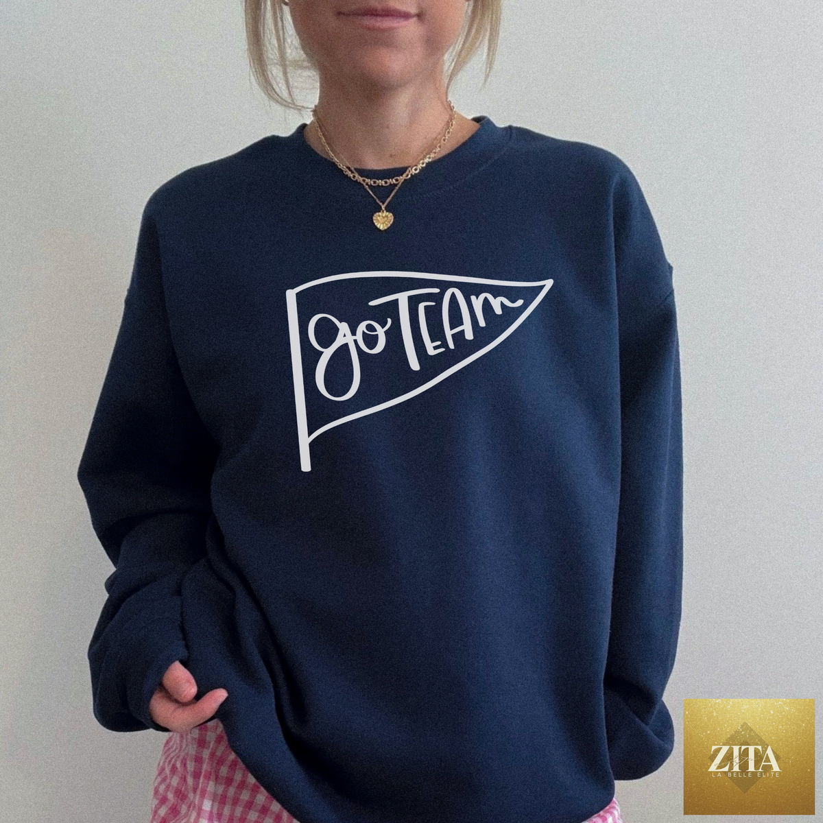 Navy Go Team Pennant Crewneck Sweatshirt by Zita La Belle Elite with team pennant design, perfect for game day spirit wear.