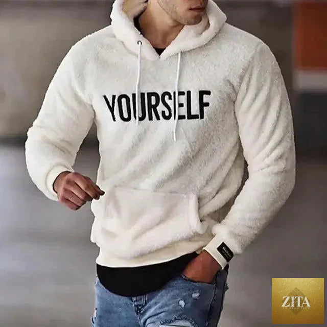 Stevvex men's wool hooded sweatshirt with letter print, long sleeves, embroidered details, ideal for autumn and winter casual wear.