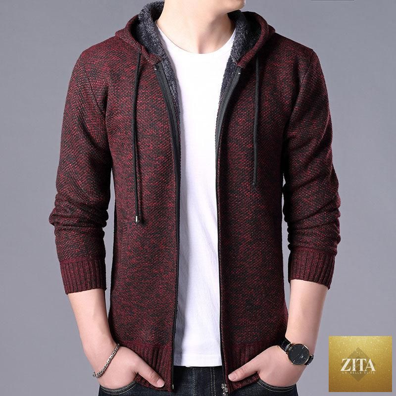 Stevvex men's winter jacket, slim fit fleece with hood, casual and business style, warm soft solid sweater for autumn and winter.