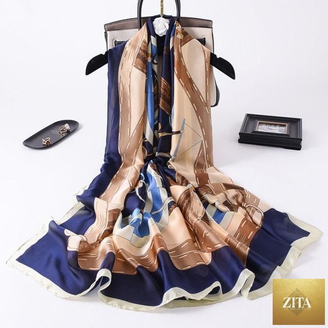 Stevvex luxury long silk winter scarf with print, styled as a head wrap and hijab, featuring a chic, elegant design.