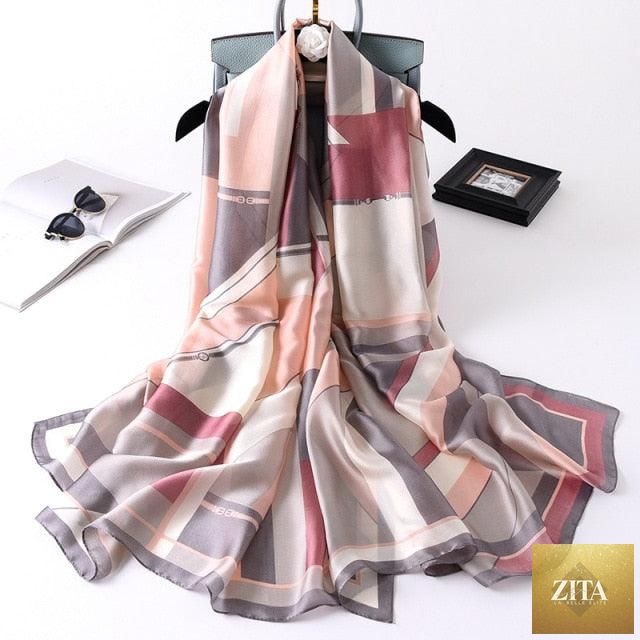 Stevvex luxury winter long silk scarf with print, styled as a head wrap, neck scarf, or hijab, for women.