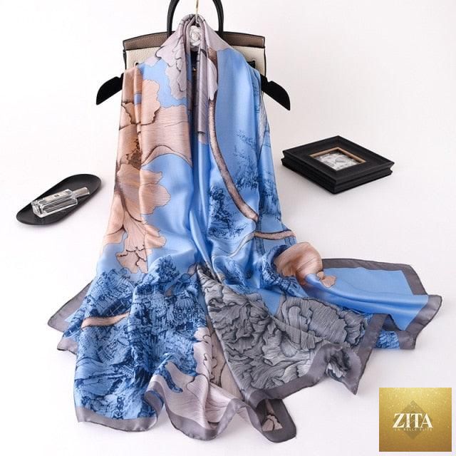 Stevvex luxury long silk scarf with floral print, suitable as head wrap, hijab, or neck scarf for women.