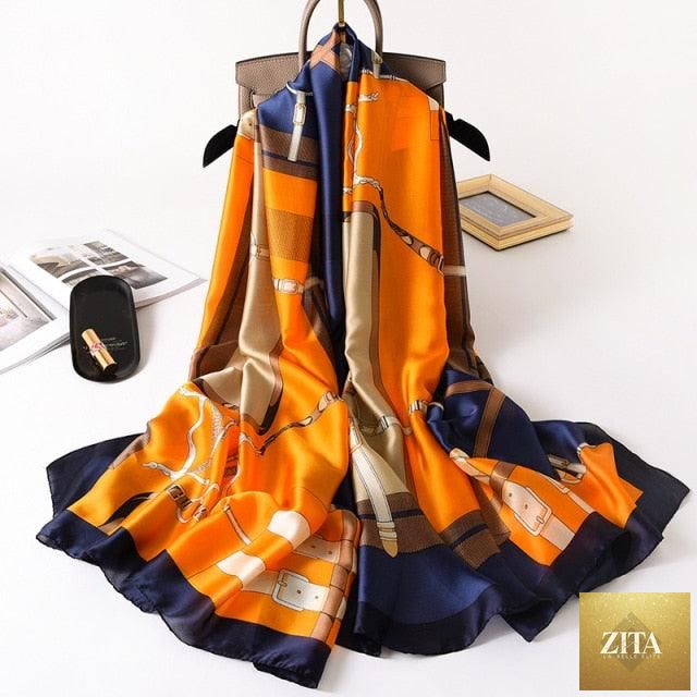 Stevvex luxury long silk scarf with print, stylish head wrap, hijab, and neck scarf for women, ideal for winter fashion.