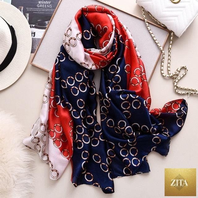 Stevvex luxury winter long silk scarf with print, styled as a head wrap, hijab, or neck scarf for women, featuring elegant design.