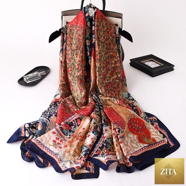 Stevvex luxury long silk scarf with print, stylish head wrap, cotton hijab, and neck scarf for women, winter fashion accessory.