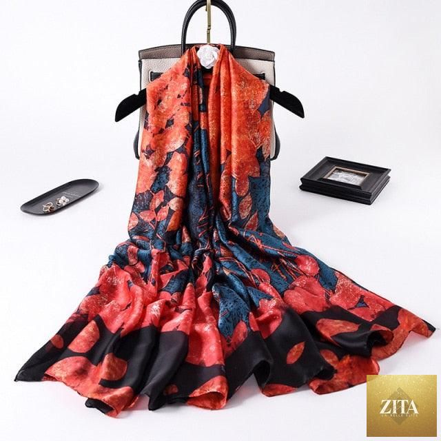 Stevvex luxury winter silk scarf with floral print, long style, versatile head wrap, neck scarf, and hijab for women.