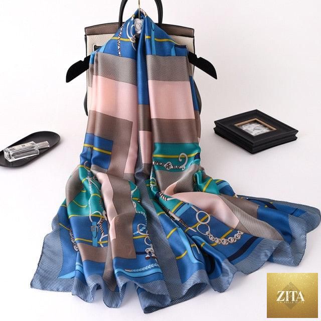 Stevvex luxury winter long silk scarf with print design, styled as head wrap, neck scarf, and hijab for women.