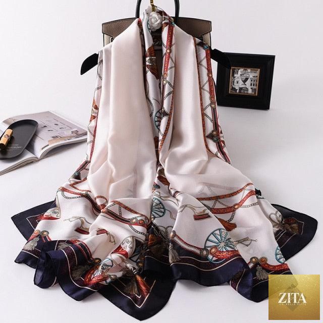 Stevvex luxury long silk winter scarf with print, styled as a head wrap, neck scarf, and hijab for women.
