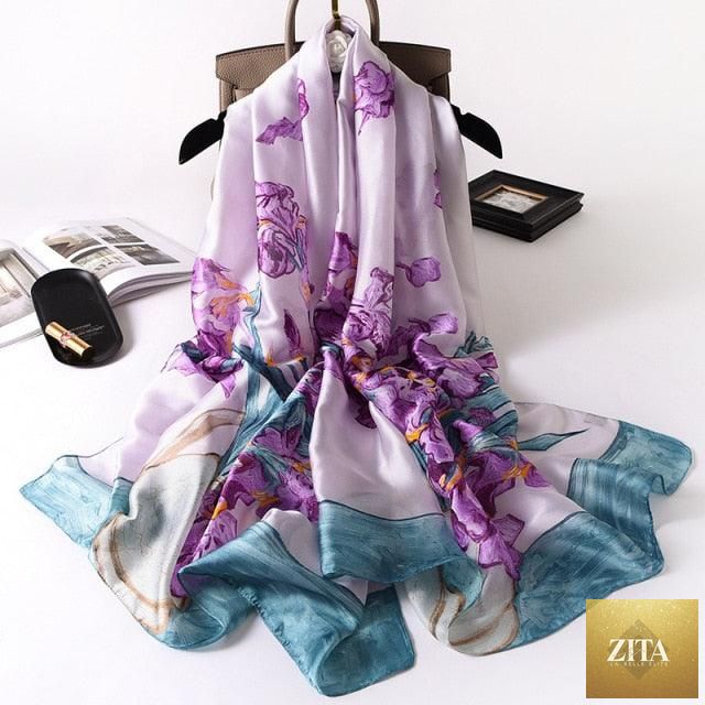 Stevvex luxury long silk scarf with print, styled as a head wrap, neck scarf, or hijab, ideal for women in winter fashion.