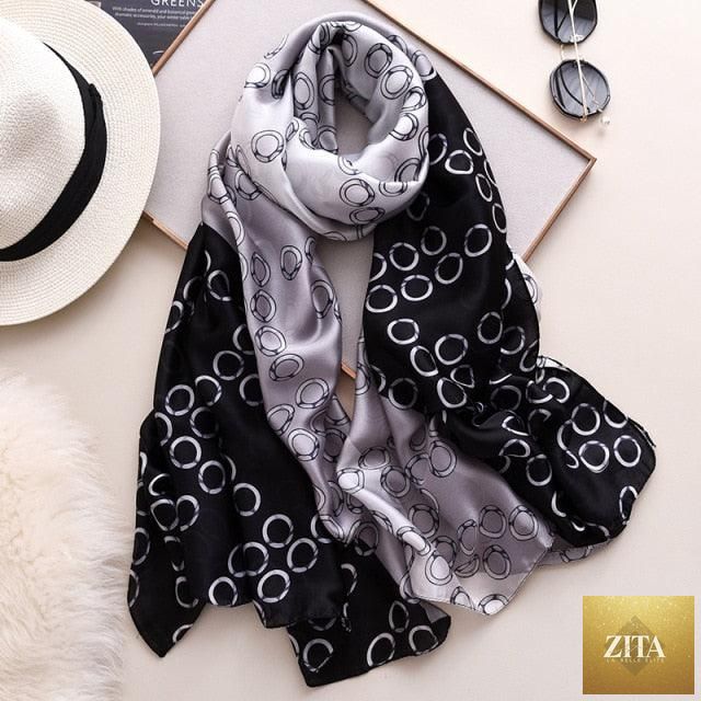 Stevvex luxury winter long silk scarf with print, styled as a head wrap, neck scarf, or hijab for women, fashionable and versatile.