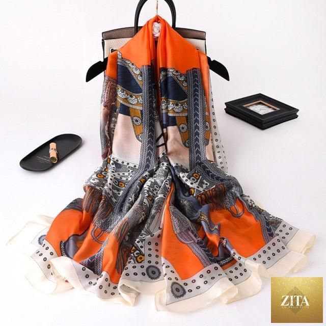 Stevvex luxury long silk scarf with intricate print, styled as a head wrap, neck scarf, or hijab for women.