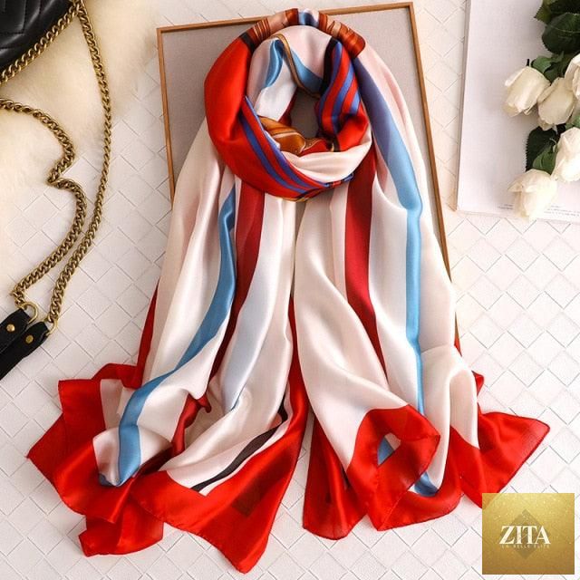 Luxury Stevvex silk scarf with floral print, long winter design, versatile head wrap, neck scarf, and hijab for women.