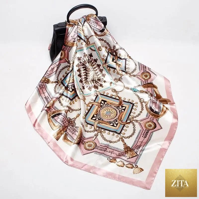 Stevvex fashionable women's silk satin scarf with printed design, square 90x90cm, versatile shawl or hijab accessory.