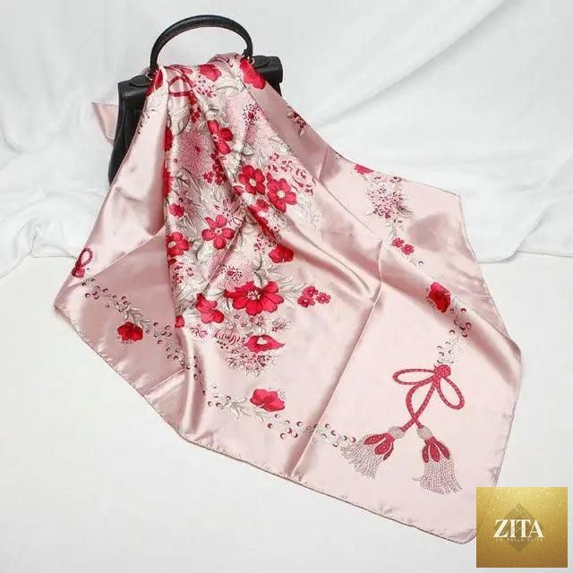 Elegant silk satin scarf for women featuring a vibrant printed design, 90x90cm square shawl by Stevvex.