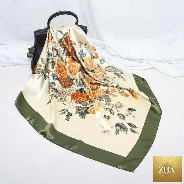 Stevvex fashionable women's silk satin scarf with floral print, 90x90cm square shawl, versatile hijab or bandana accessory.