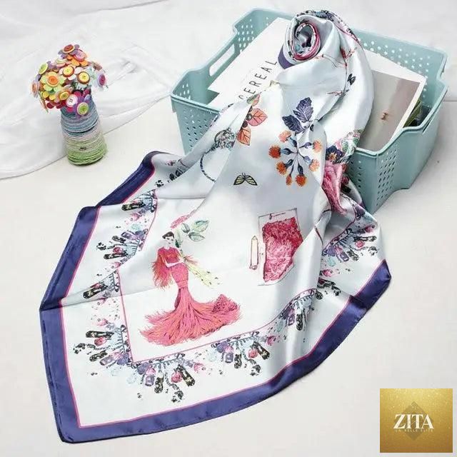 Stevvex elegant women's silk satin scarf featuring a printed design, square 90x90cm, versatile shawl or hijab accessory.