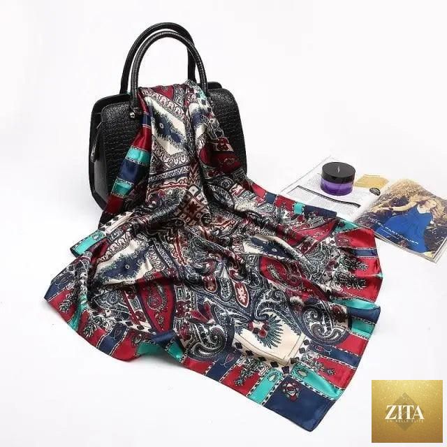 Stevvex women's silk satin scarf with colorful print, square 90x90cm, stylish hijab or bandana for ladies.