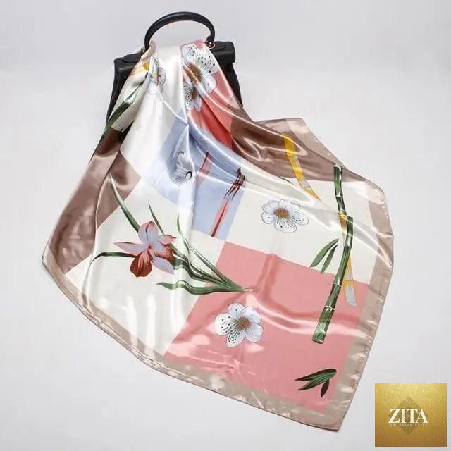 Stevvex silk satin hijab scarf for women with floral print, square shape, 90x90cm, elegant shawl or bandana accessory