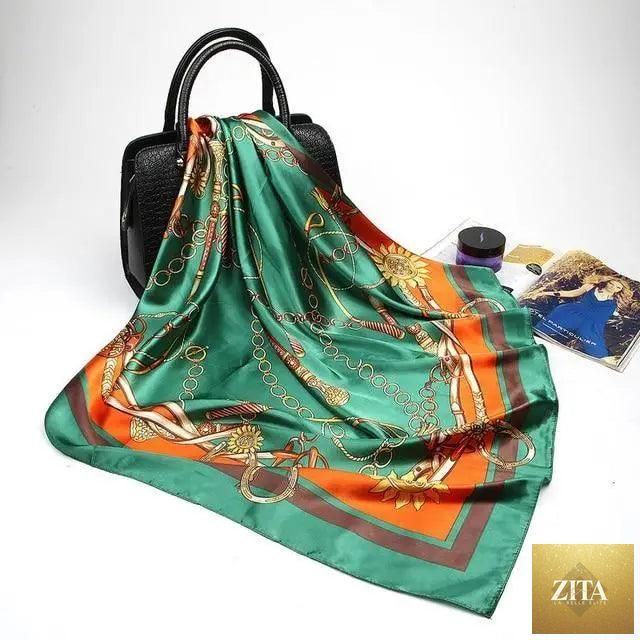 Elegant Stevvex silk satin scarf for women, featuring a colorful print, square shape, 90x90cm, perfect as a hijab or fashion shawl