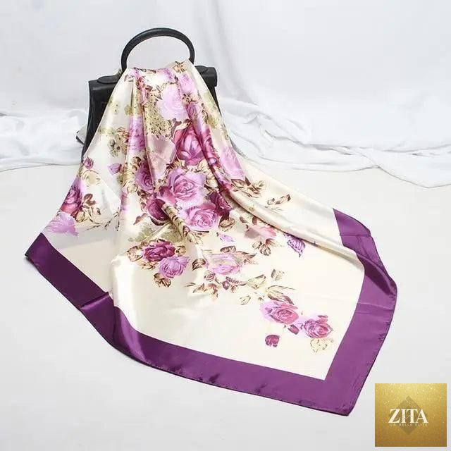 Stevvex fashionable women's silk satin scarf with floral print, 90x90cm square shawl and hijab, elegant and luxurious accessory.