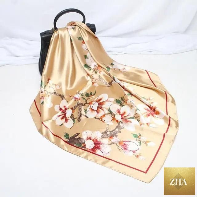 Elegant Stevvex silk satin scarf for women featuring a colorful printed design, 90x90cm square shawl, versatile fashion accessory.