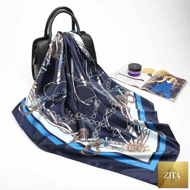 Stevvex fashionable women's silk satin scarf with a vibrant print, square 90x90cm, versatile shawl or hijab accessory.