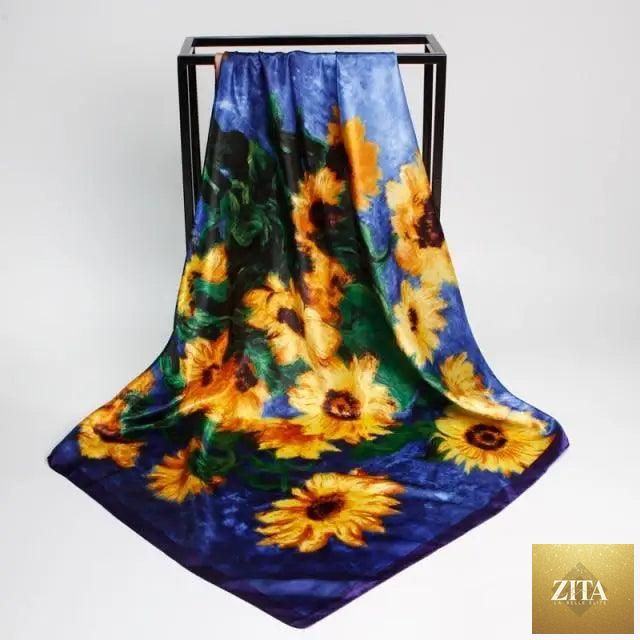 Stevvex fashionable women's silk satin scarf with vibrant print, square 90x90cm, versatile shawl or hijab accessory.