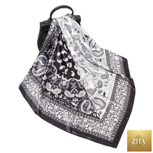 Stevvex silk satin scarf for women with floral print, 90x90cm square shawl, elegant bandana style, luxurious and stylish.