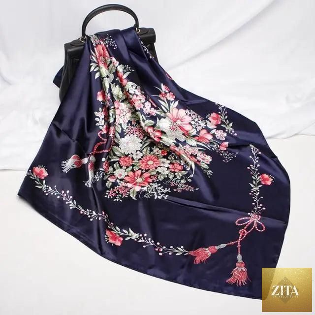 Stevvex fashionable women's silk satin scarf with floral print, 90x90cm square hijab and shawl for ladies, elegant accessory.