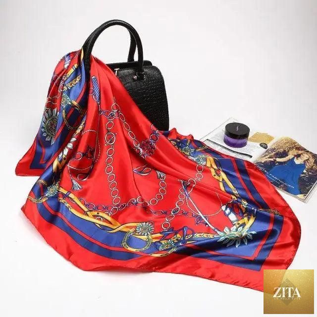 Stevvex silk satin scarf for women featuring a stylish printed design, square 90x90cm hijab and fashion accessory.